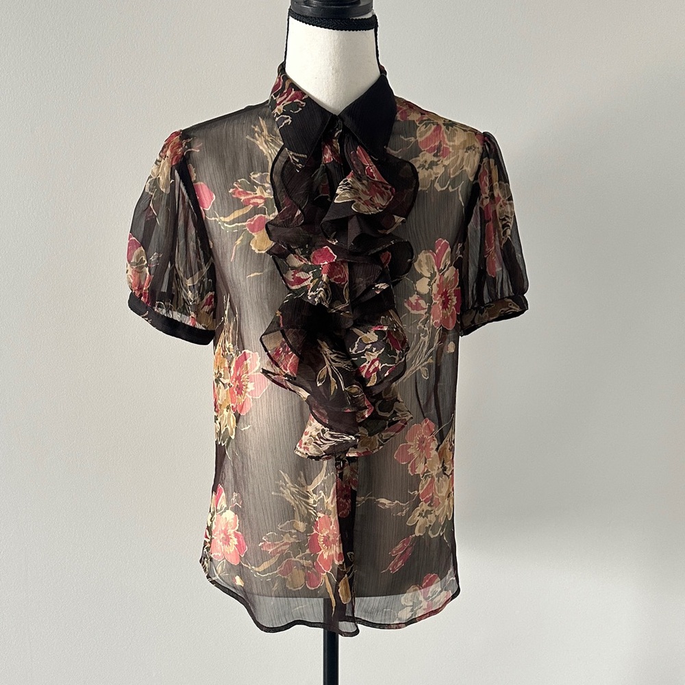 Ralph Lauren Brown Sheer Floral Ruffle Front Blouse